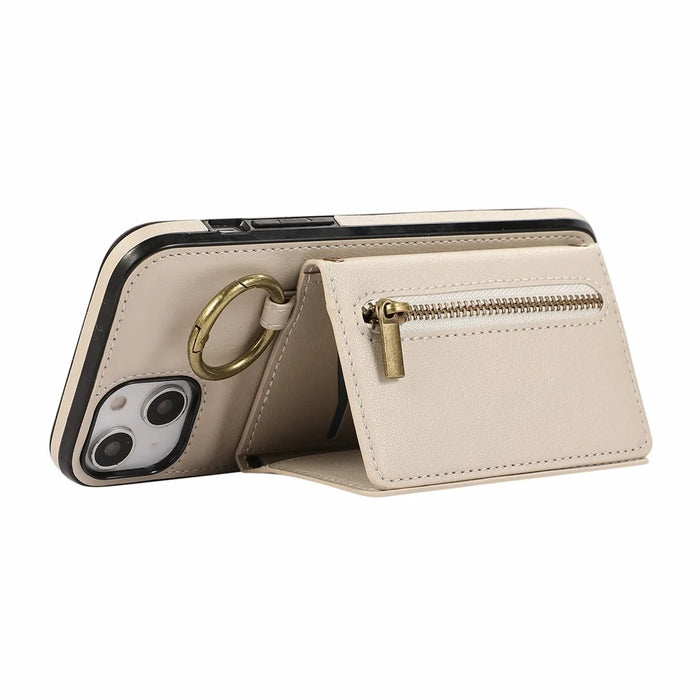 For iPhone 15 Leather Back Cover Zipper Wallet Kickstand Phone Case with Shoulder Strap - Beige - 3