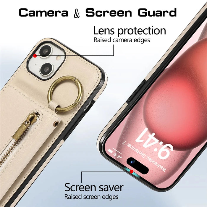 For iPhone 15 Leather Back Cover Zipper Wallet Kickstand Phone Case with Shoulder Strap - Beige - 5