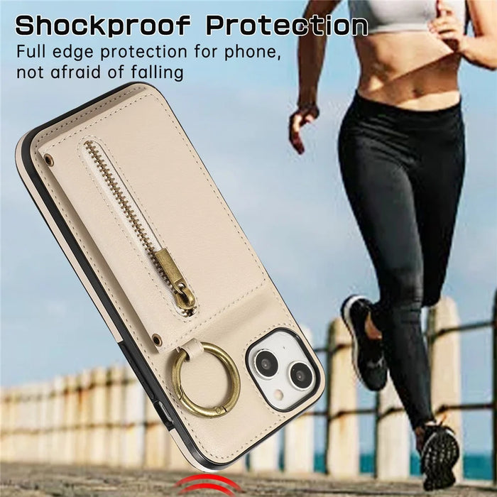For iPhone 15 Leather Back Cover Zipper Wallet Kickstand Phone Case with Shoulder Strap - Beige - 6