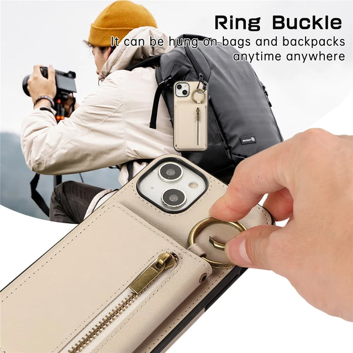 For iPhone 15 Leather Back Cover Zipper Wallet Kickstand Phone Case with Shoulder Strap - Beige - 7
