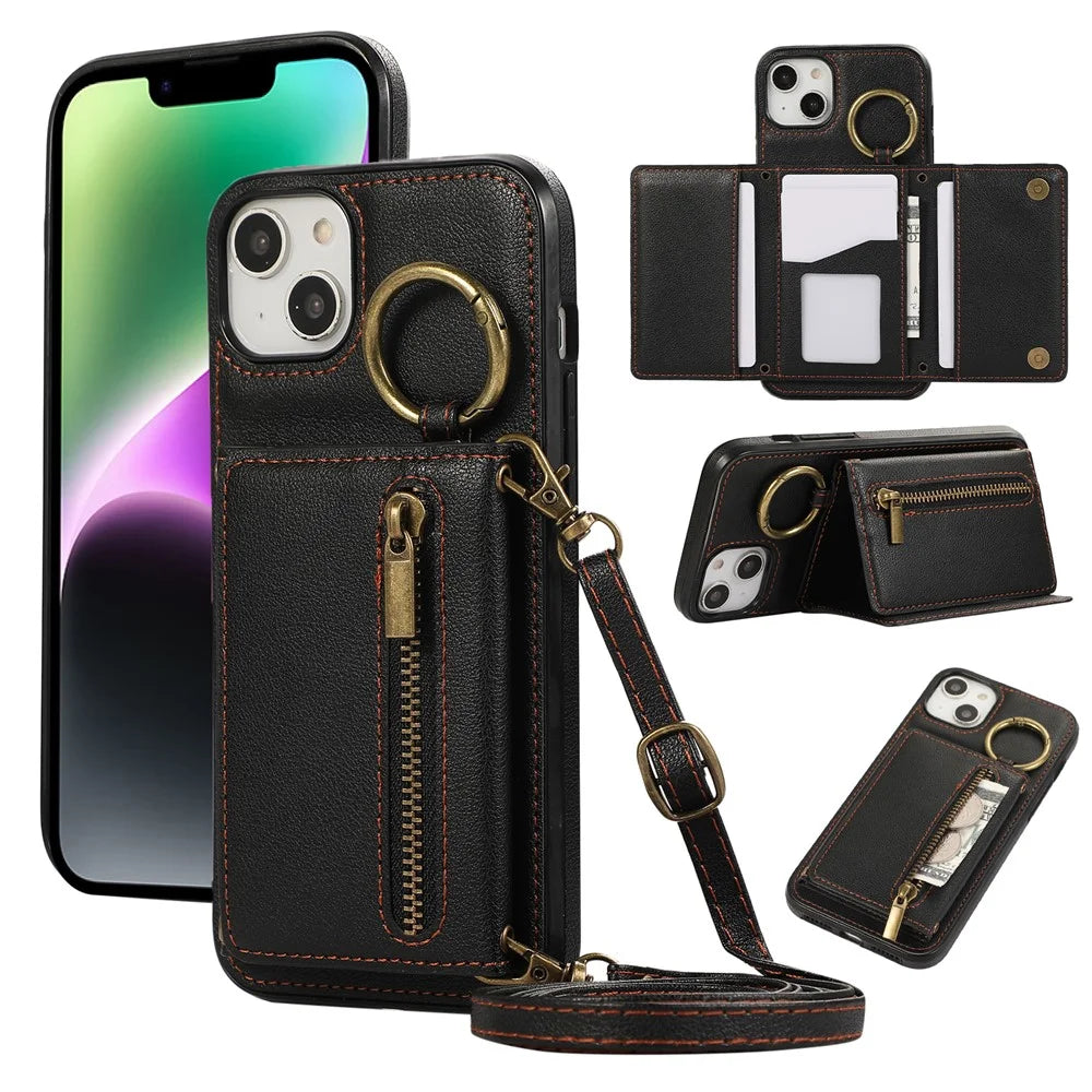 For iPhone 14  /  13 Leather Back Cover Zipper Wallet Kickstand Phone Case with Shoulder Strap - Black - 1