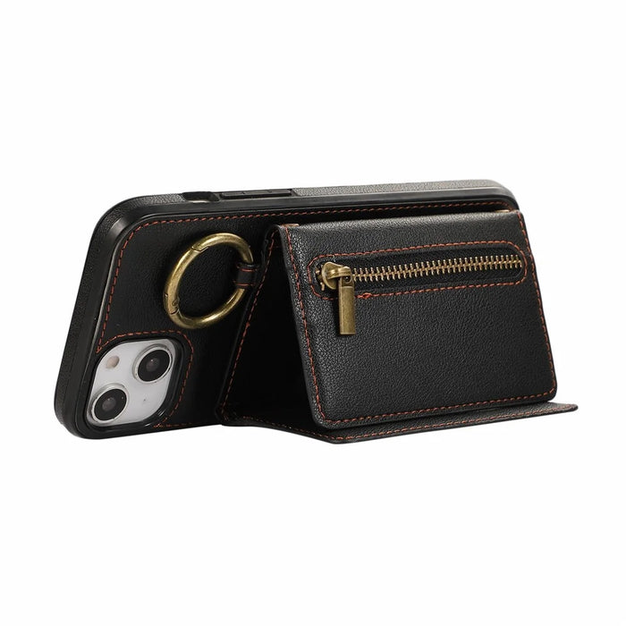 For iPhone 14  /  13 Leather Back Cover Zipper Wallet Kickstand Phone Case with Shoulder Strap - Black - 2