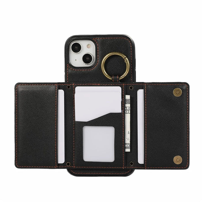 For iPhone 14  /  13 Leather Back Cover Zipper Wallet Kickstand Phone Case with Shoulder Strap - Black - 4