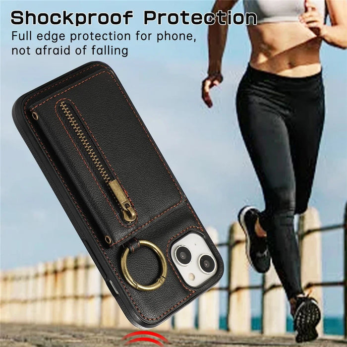 For iPhone 14  /  13 Leather Back Cover Zipper Wallet Kickstand Phone Case with Shoulder Strap - Black - 5