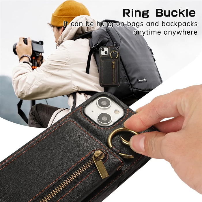 For iPhone 14  /  13 Leather Back Cover Zipper Wallet Kickstand Phone Case with Shoulder Strap - Black - 6