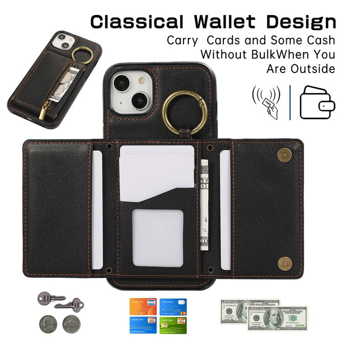 For iPhone 14  /  13 Leather Back Cover Zipper Wallet Kickstand Phone Case with Shoulder Strap - Black - 7