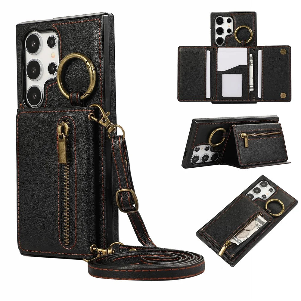 For Samsung Galaxy S25 Ultra Leather Back Cover Zipper Wallet Kickstand Phone Case with Shoulder Strap - Black - 1