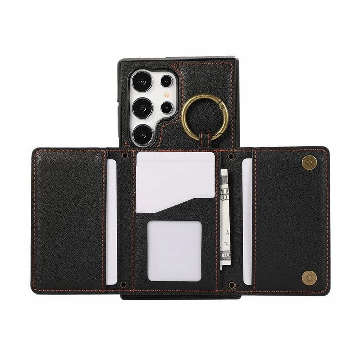For Samsung Galaxy S25 Ultra Leather Back Cover Zipper Wallet Kickstand Phone Case with Shoulder Strap - Black - 2
