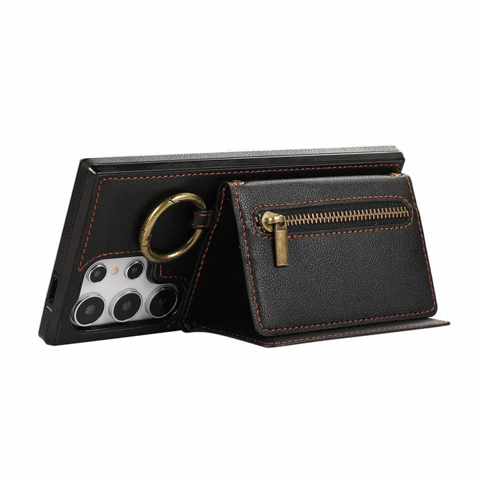 For Samsung Galaxy S25 Ultra Leather Back Cover Zipper Wallet Kickstand Phone Case with Shoulder Strap - Black - 3