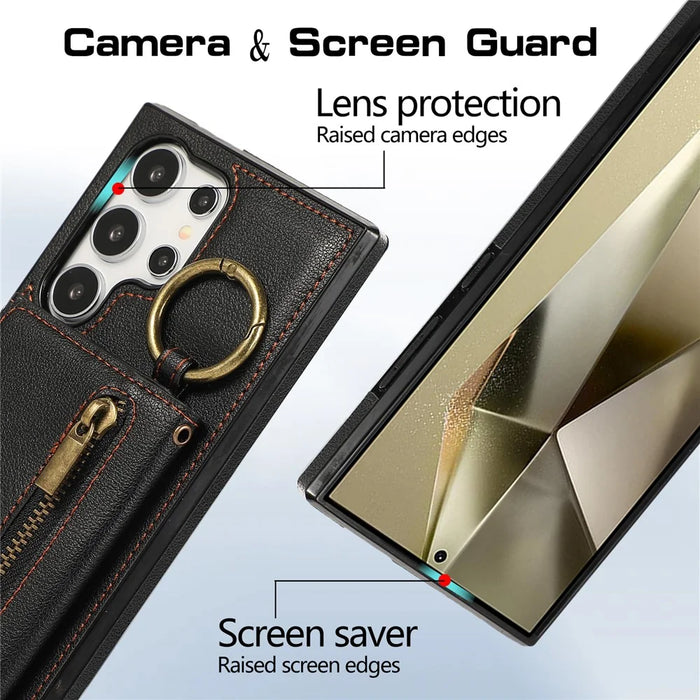 For Samsung Galaxy S25 Ultra Leather Back Cover Zipper Wallet Kickstand Phone Case with Shoulder Strap - Black - 5