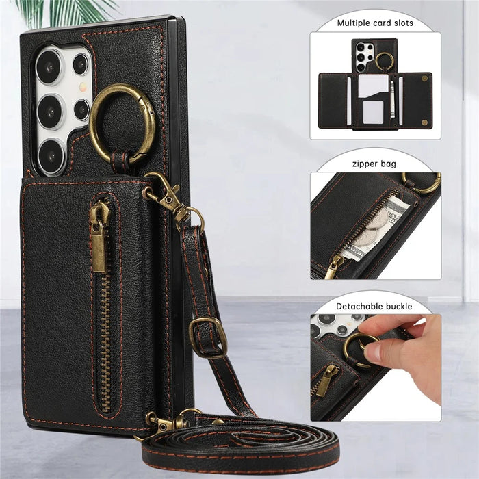 For Samsung Galaxy S25 Ultra Leather Back Cover Zipper Wallet Kickstand Phone Case with Shoulder Strap - Black - 6