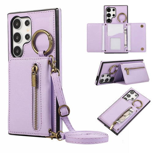 For Samsung Galaxy S24 Ultra Leather Back Cover Zipper Wallet Kickstand Phone Case with Shoulder Strap - Purple - 1