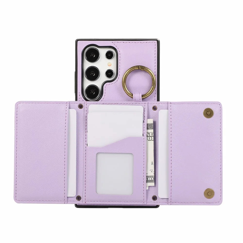 For Samsung Galaxy S24 Ultra Leather Back Cover Zipper Wallet Kickstand Phone Case with Shoulder Strap - Purple - 2