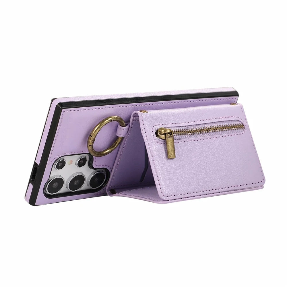 For Samsung Galaxy S24 Ultra Leather Back Cover Zipper Wallet Kickstand Phone Case with Shoulder Strap - Purple - 3