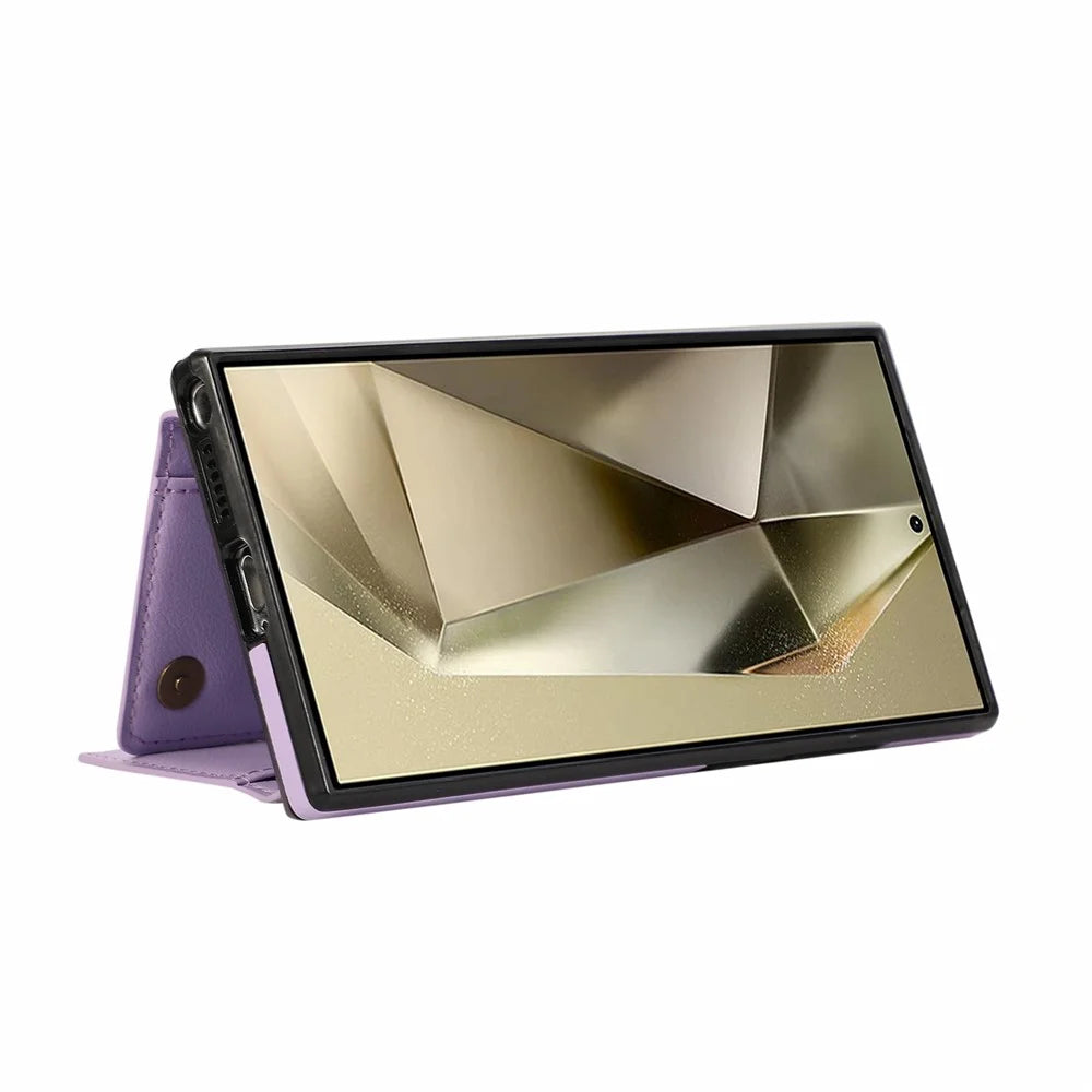 For Samsung Galaxy S24 Ultra Leather Back Cover Zipper Wallet Kickstand Phone Case with Shoulder Strap - Purple - 4
