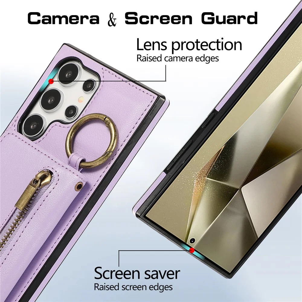 For Samsung Galaxy S24 Ultra Leather Back Cover Zipper Wallet Kickstand Phone Case with Shoulder Strap - Purple - 5