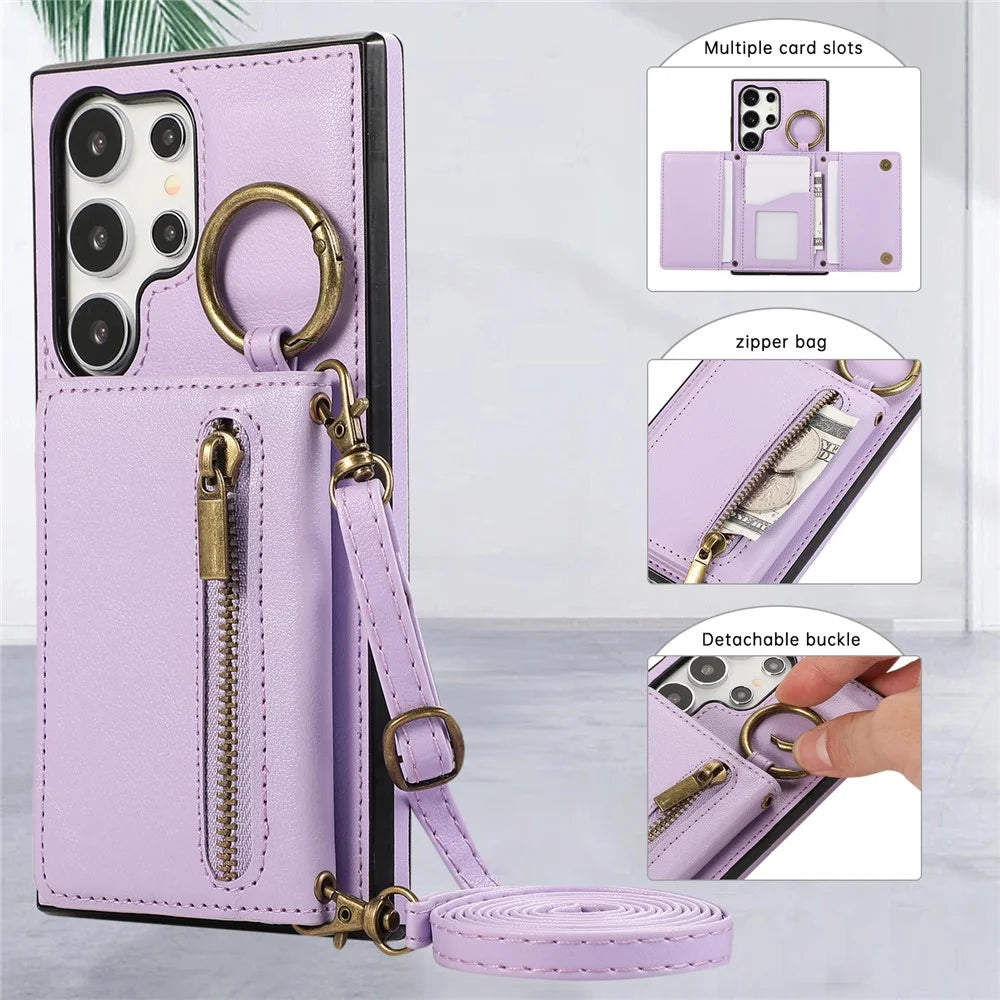 For Samsung Galaxy S24 Ultra Leather Back Cover Zipper Wallet Kickstand Phone Case with Shoulder Strap - Purple - 6
