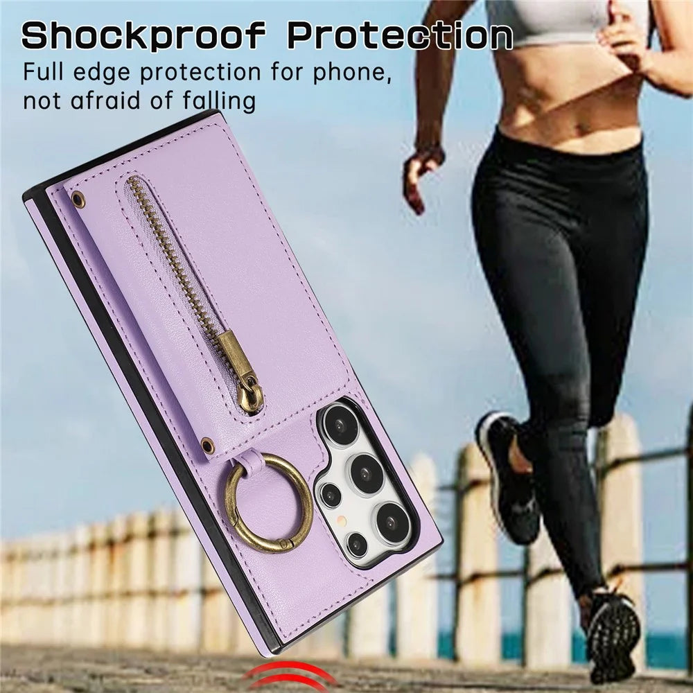 For Samsung Galaxy S24 Ultra Leather Back Cover Zipper Wallet Kickstand Phone Case with Shoulder Strap - Purple - 7