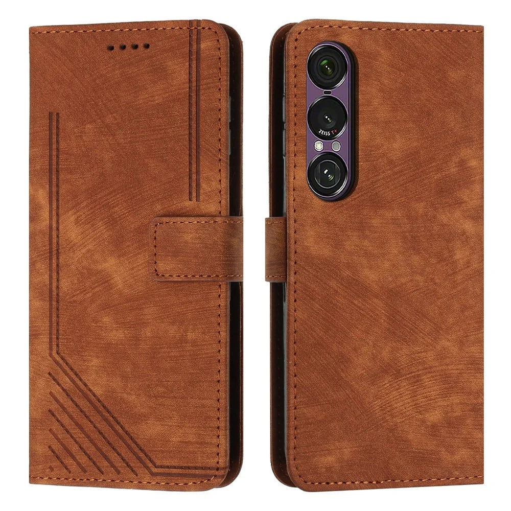 Stand Case for Sony Xperia 1 VII Imprinted Lines Leather Phone Cover - Brown - 1