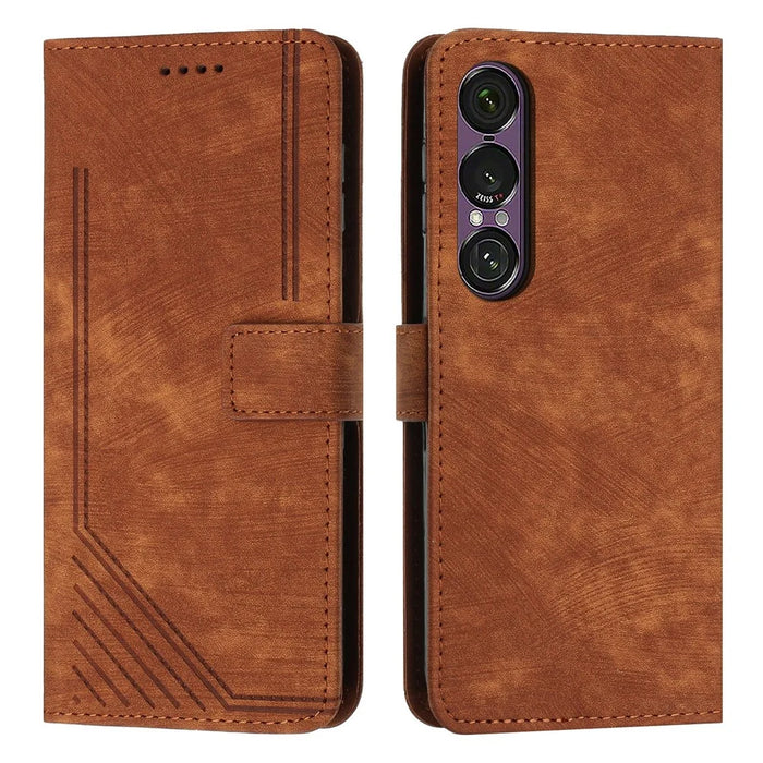 Stand Case for Sony Xperia 1 VII Imprinted Lines Leather Phone Cover - Brown - 1