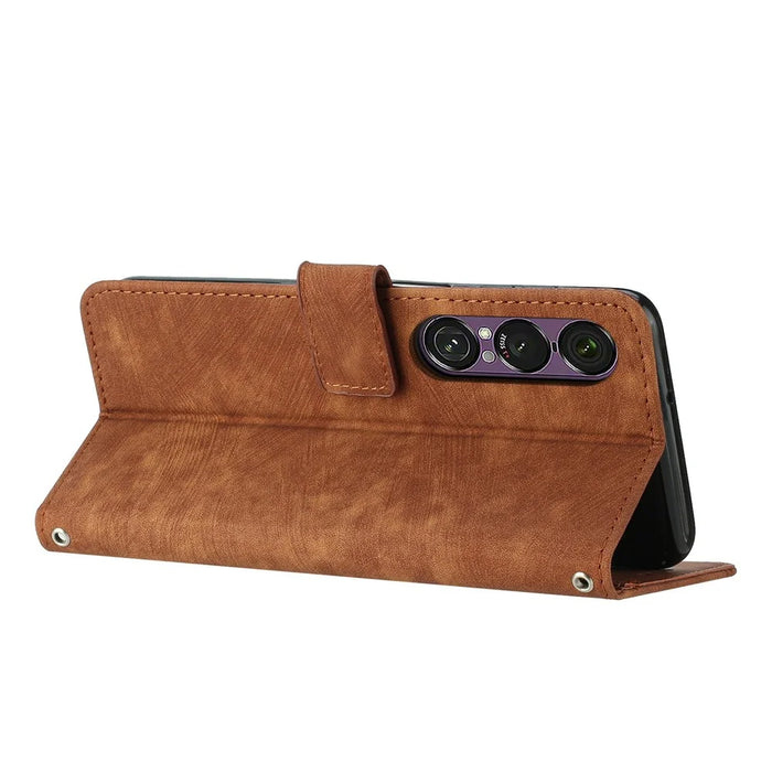 Stand Case for Sony Xperia 1 VII Imprinted Lines Leather Phone Cover - Brown - 3