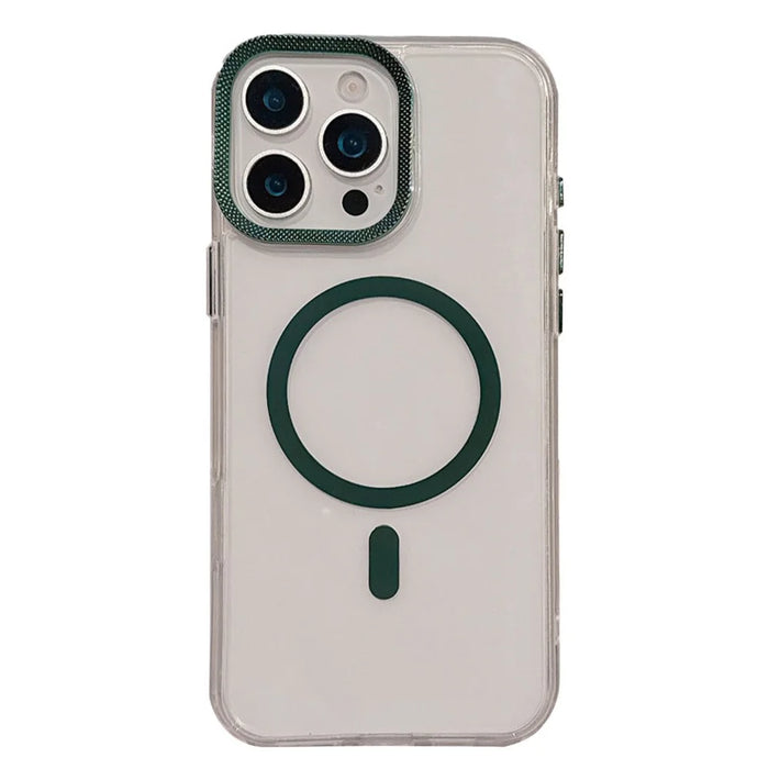 For iPhone 16 Pro Max Case Compatible with MagSafe PC + TPU Clear Phone Cover with Diamond Texture Lens Frame - Midnight Green - 1