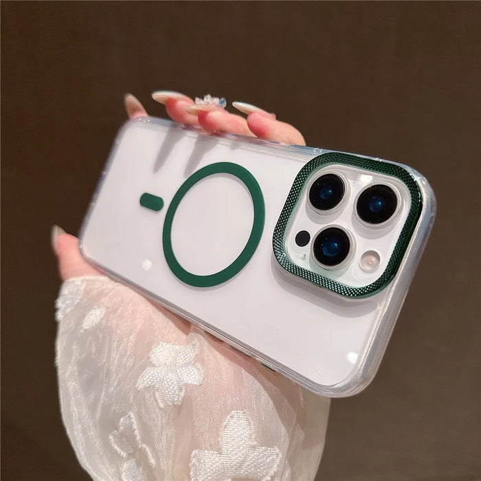 For iPhone 16 Pro Max Case Compatible with MagSafe PC + TPU Clear Phone Cover with Diamond Texture Lens Frame - Midnight Green - 2