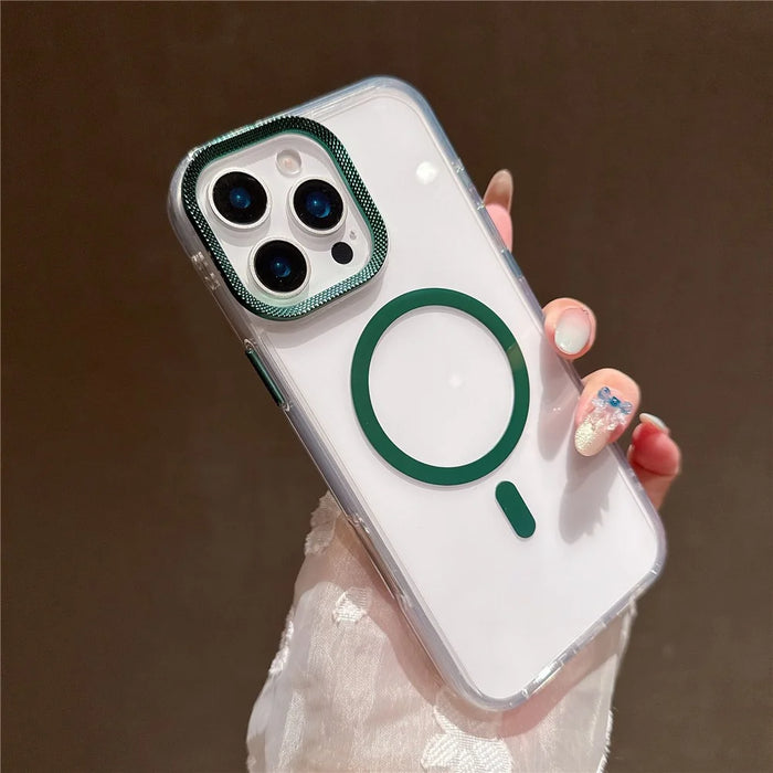 For iPhone 16 Pro Max Case Compatible with MagSafe PC + TPU Clear Phone Cover with Diamond Texture Lens Frame - Midnight Green - 3