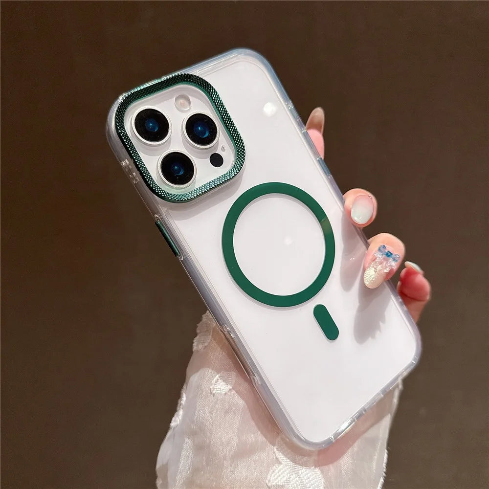 For iPhone 16 Pro Case Compatible with MagSafe PC + TPU Clear Phone Cover with Diamond Texture Lens Frame - Midnight Green - 3