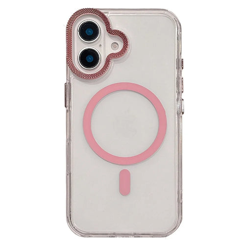 For iPhone 16 Case Compatible with MagSafe PC + TPU Clear Phone Cover with Diamond Texture Lens Frame - Pink - 1