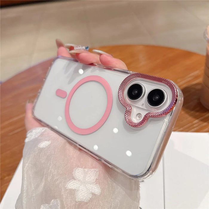 For iPhone 16 Case Compatible with MagSafe PC + TPU Clear Phone Cover with Diamond Texture Lens Frame - Pink - 2