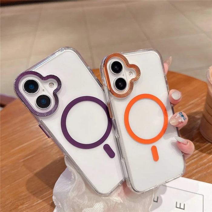 For iPhone 16 Case Compatible with MagSafe PC + TPU Clear Phone Cover with Diamond Texture Lens Frame - Pink - 3