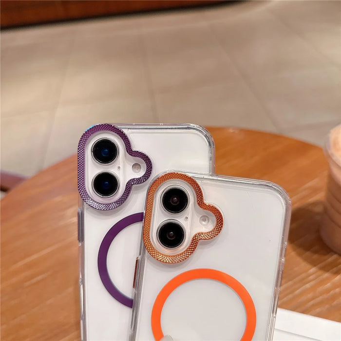 For iPhone 16 Case Compatible with MagSafe PC + TPU Clear Phone Cover with Diamond Texture Lens Frame - Pink - 4