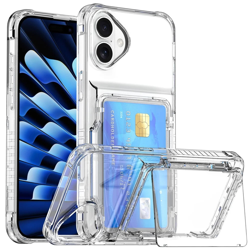 For iPhone 17 Clear Case PC + TPU Phone Cover Card Holder Kickstand - Transparent - 1