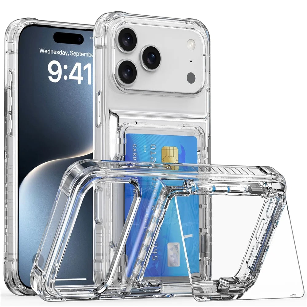 For iPhone 17 Pro Clear Case PC + TPU Phone Cover Card Holder Kickstand - Transparent - 1