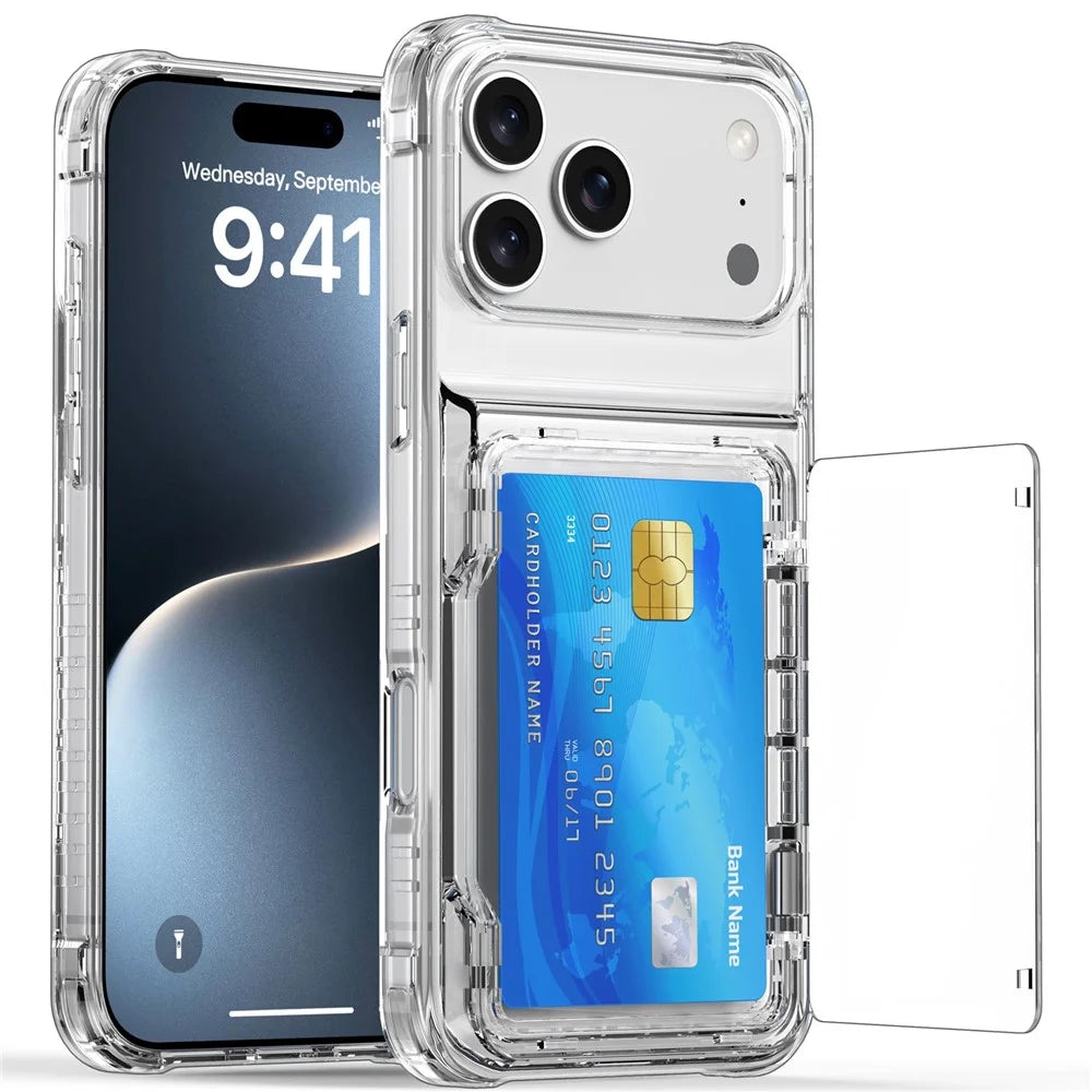 For iPhone 17 Pro Clear Case PC + TPU Phone Cover Card Holder Kickstand - Transparent - 2