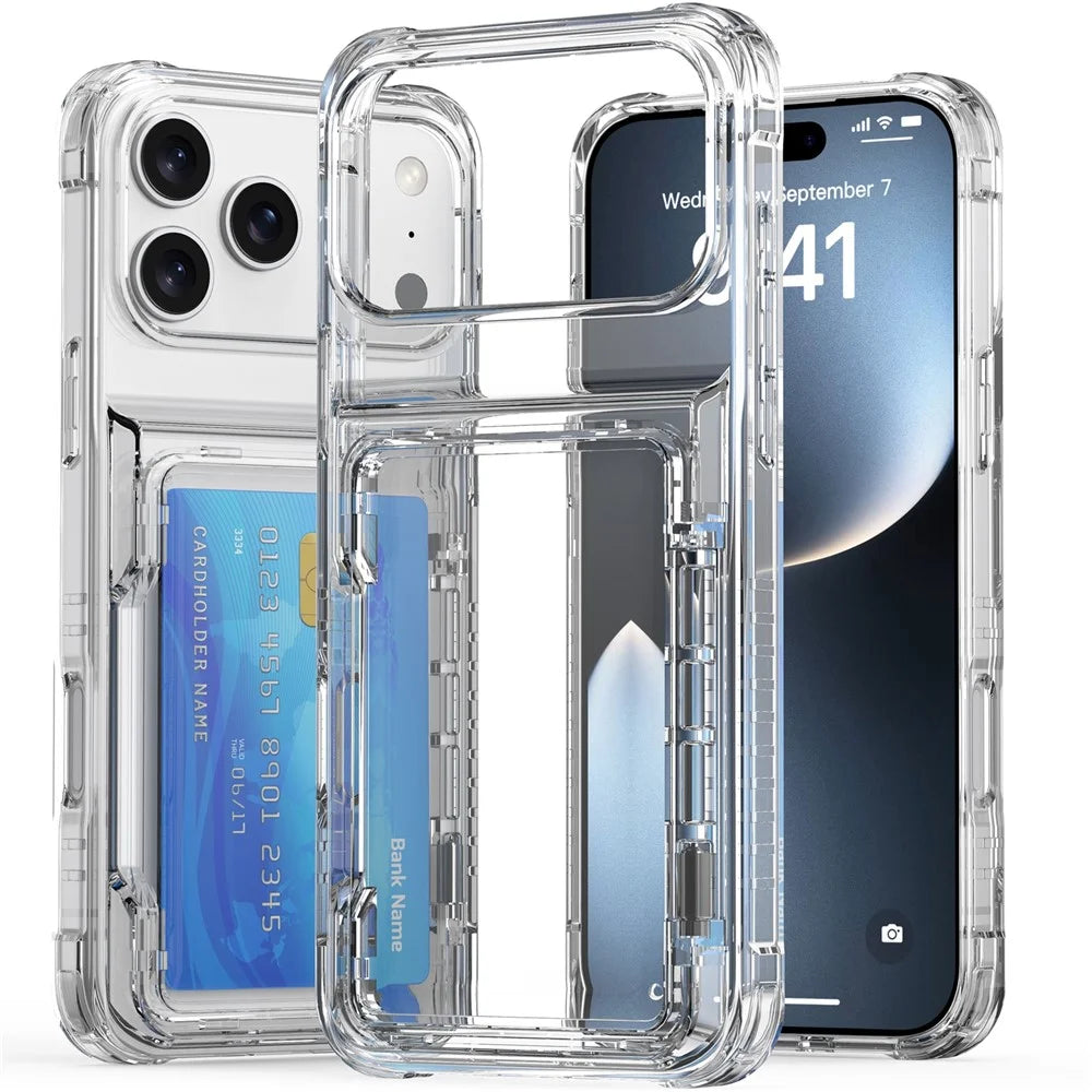 For iPhone 17 Pro Clear Case PC + TPU Phone Cover Card Holder Kickstand - Transparent - 3