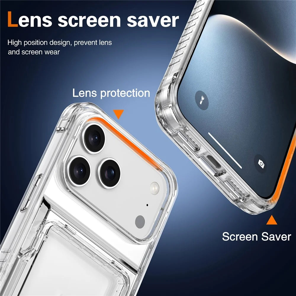 For iPhone 18 Pro Max / 17 Pro Max Clear Case PC + TPU Phone Cover Card Holder Kickstand - Transparent - 6