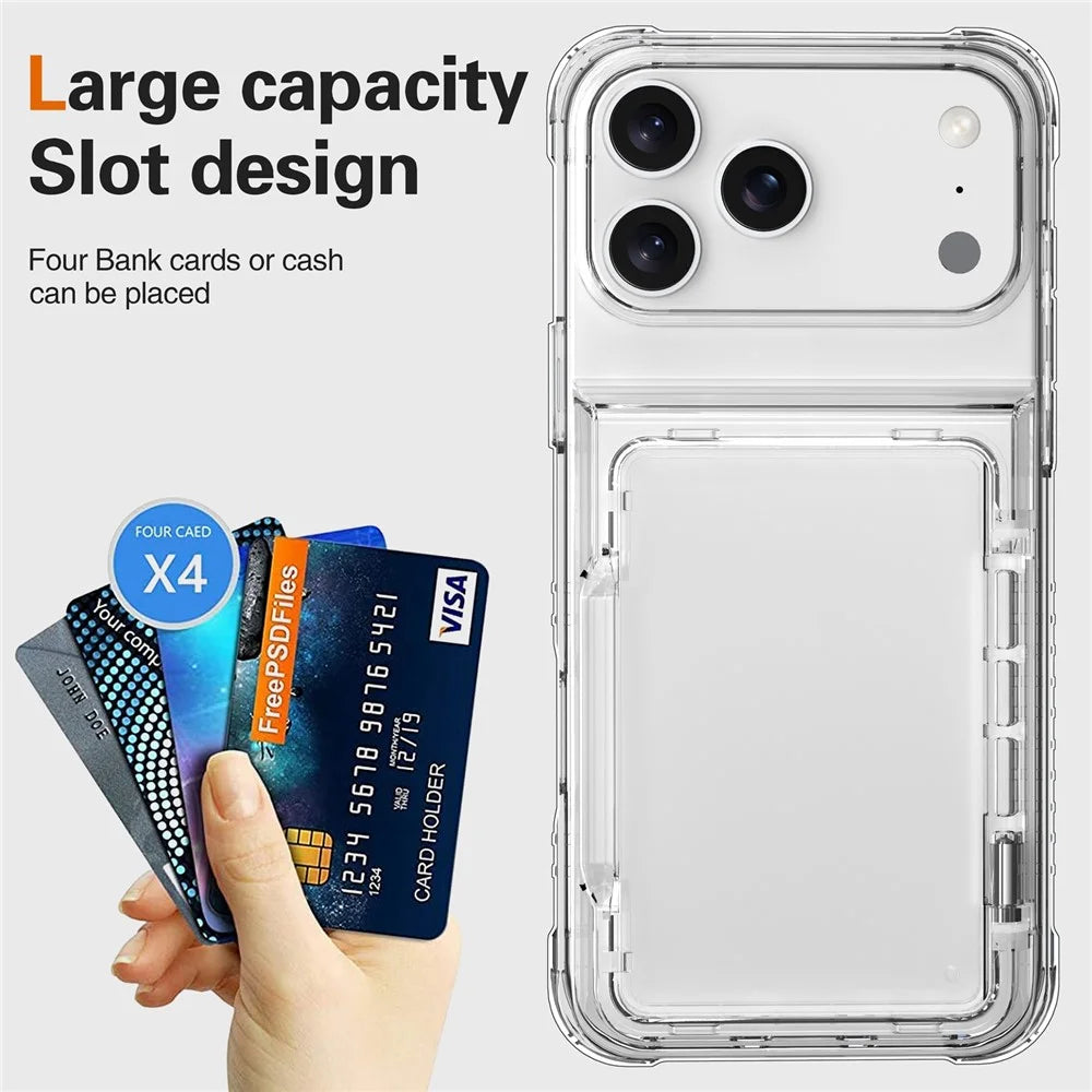 For iPhone 18 Pro Max / 17 Pro Max Clear Case PC + TPU Phone Cover Card Holder Kickstand - Transparent - 7