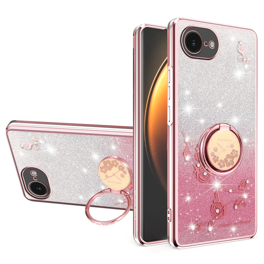KADEM For iPhone 17e / 16e Case Ring Kickstand TPU Flowers Phone Cover Gradient Glitter - Pink - 1