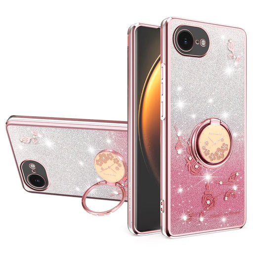 KADEM For iPhone 17e / 16e Case Ring Kickstand TPU Flowers Phone Cover Gradient Glitter - Pink - 1