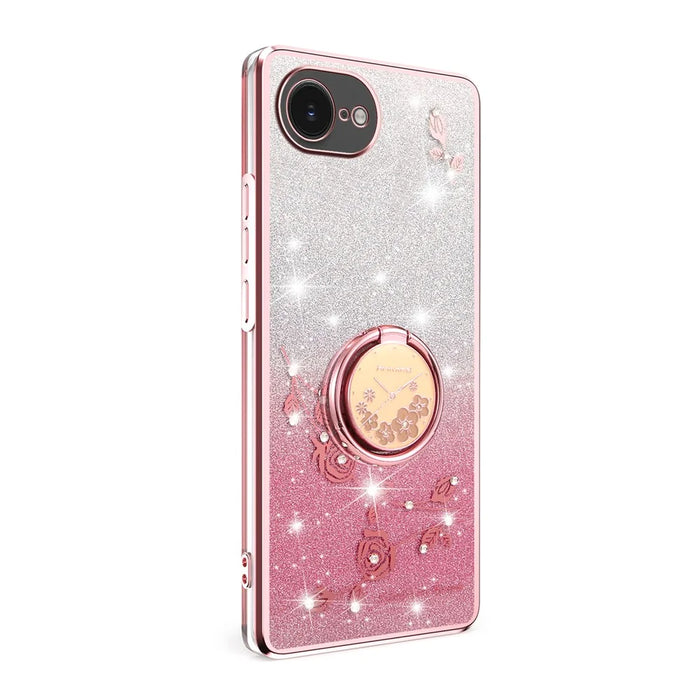 KADEM For iPhone 17e / 16e Case Ring Kickstand TPU Flowers Phone Cover Gradient Glitter - Pink - 2