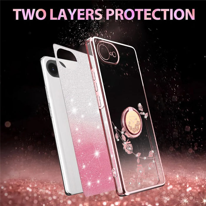 KADEM For iPhone 17e / 16e Case Ring Kickstand TPU Flowers Phone Cover Gradient Glitter - Pink - 3
