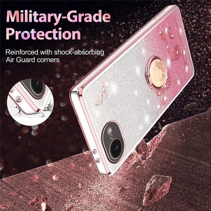 KADEM For iPhone 17e / 16e Case Ring Kickstand TPU Flowers Phone Cover Gradient Glitter - Pink - 4