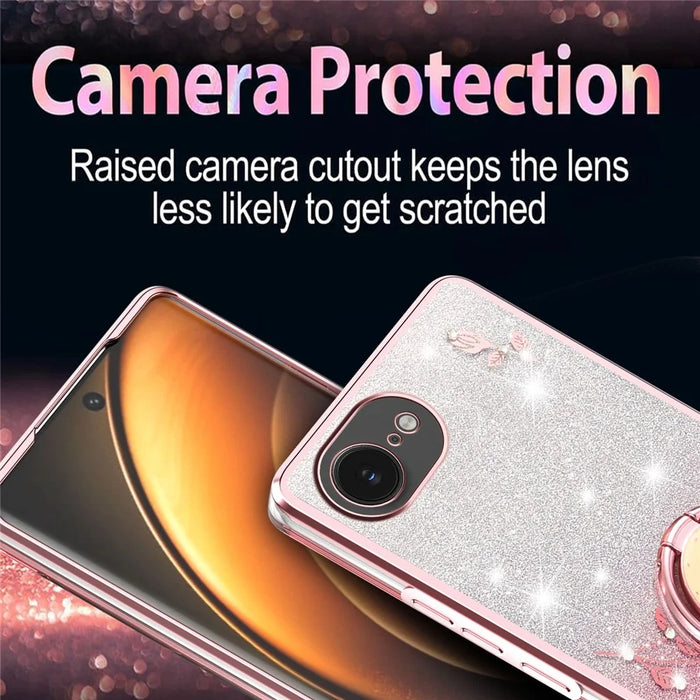 KADEM For iPhone 17e / 16e Case Ring Kickstand TPU Flowers Phone Cover Gradient Glitter - Pink - 5