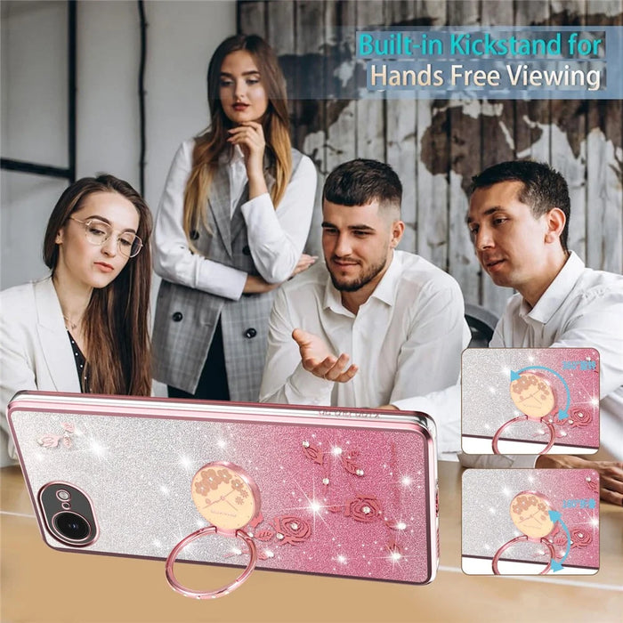KADEM For iPhone 17e / 16e Case Ring Kickstand TPU Flowers Phone Cover Gradient Glitter - Pink - 6