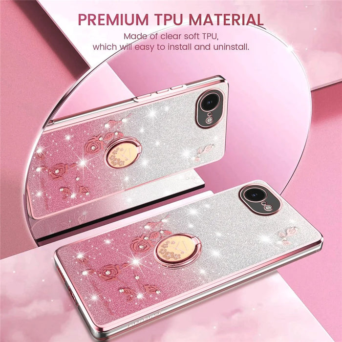 KADEM For iPhone 17e / 16e Case Ring Kickstand TPU Flowers Phone Cover Gradient Glitter - Pink - 7