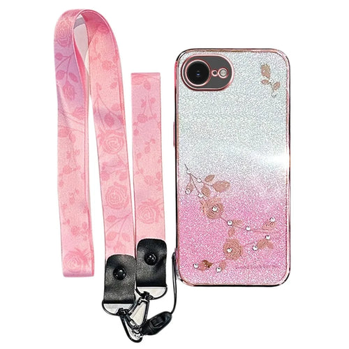 KADEM For iPhone 17e / 16e Case Flower Pattern TPU Gradient Phone Cover with Lanyards - Rose Gold - 1