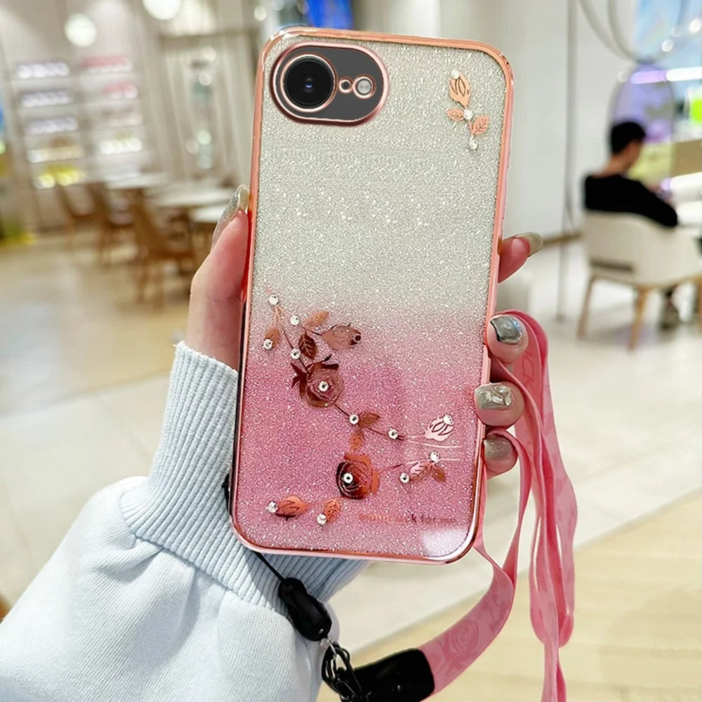 KADEM For iPhone 17e / 16e Case Flower Pattern TPU Gradient Phone Cover with Lanyards - Rose Gold - 2