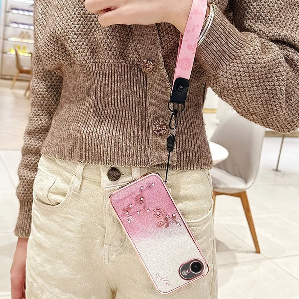 KADEM For iPhone 17e / 16e Case Flower Pattern TPU Gradient Phone Cover with Lanyards - Rose Gold - 3